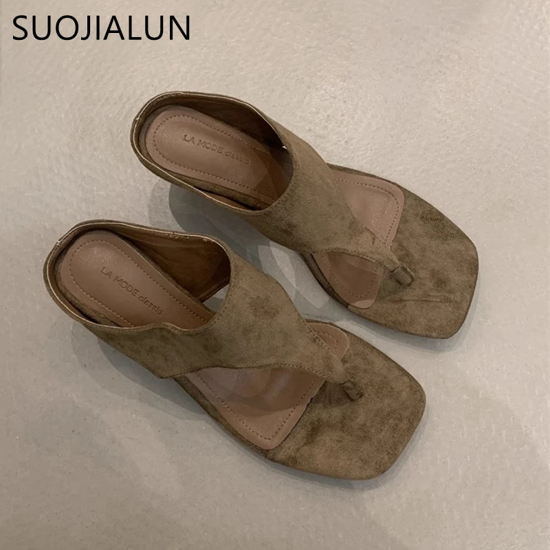 

SUOJIALUN 2025 Summer New Women Flat Shoes Fashion Square Toe Slip On Flip Flop Shoes Thin High Heel Outdoor Dress Sandal Slides