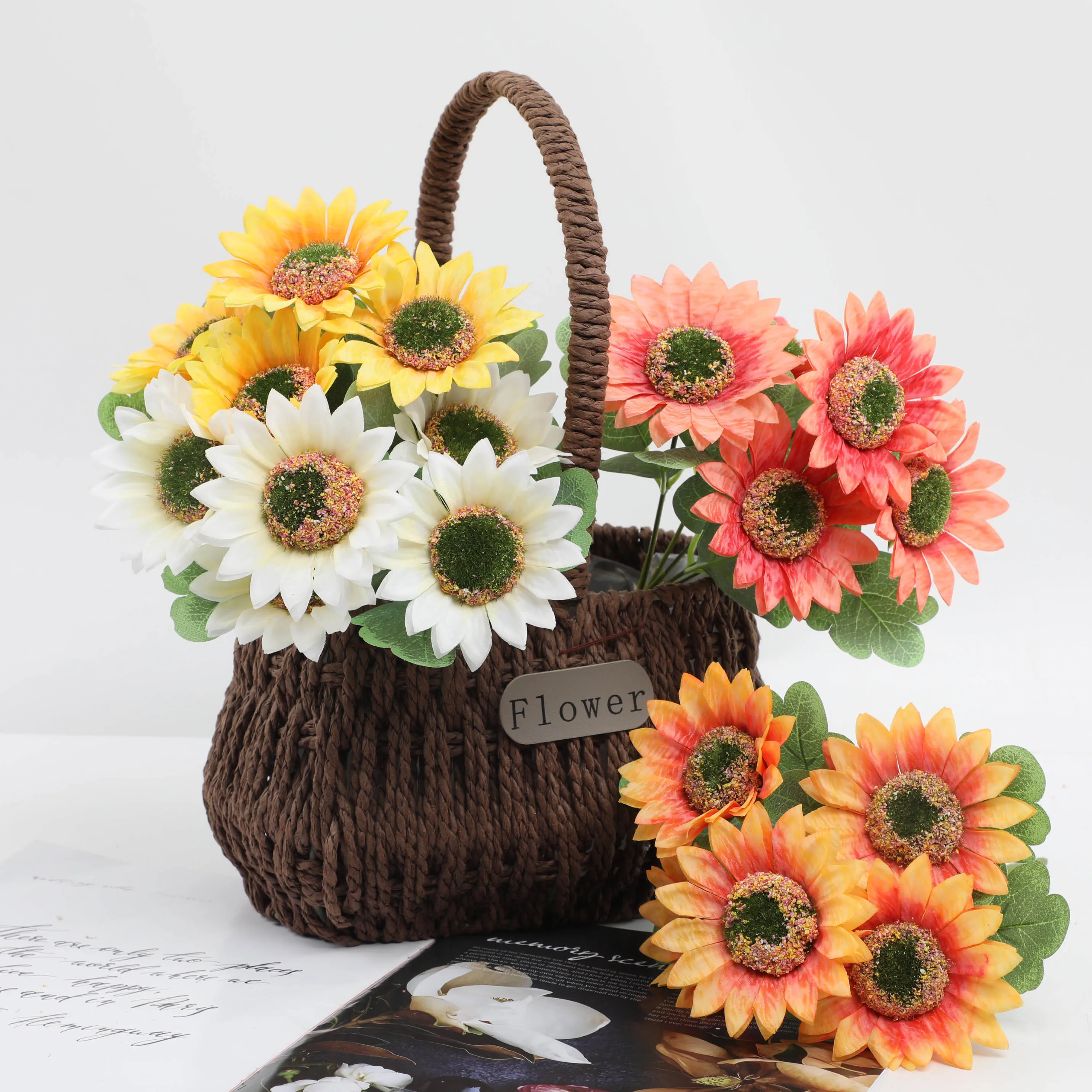 

5 Heads Artificial Sunflower Bouquet - Silk Fake Flowers for Wedding, Bride Holding, Home Table Decor, Floral Arrangement