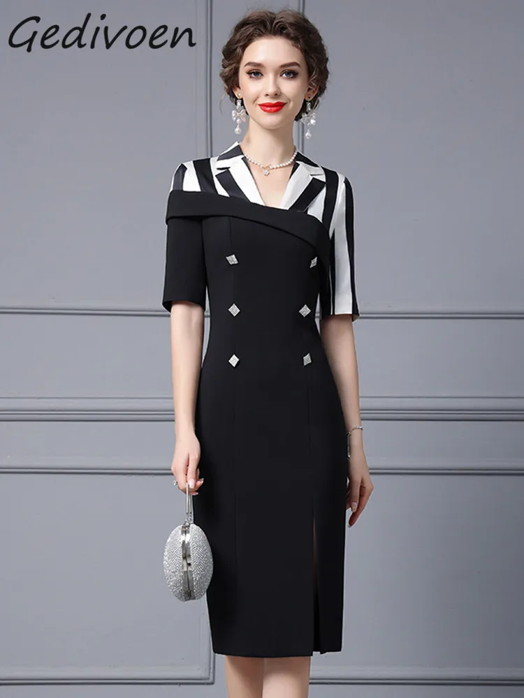 

Gedivoen Summer Fashion Designer Vintage Dress Women's Turn-Down Collar Side Slits Striped Patchwork Package Buttock Midi Dress