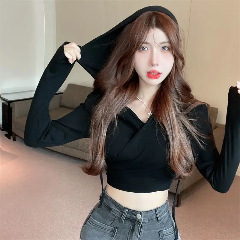 Pure Color Basic Long Sleeve Pleated Slim Crop Tops Casual Hooded V Neck Sexy Summer Fashion Tees High Street Women Clothing