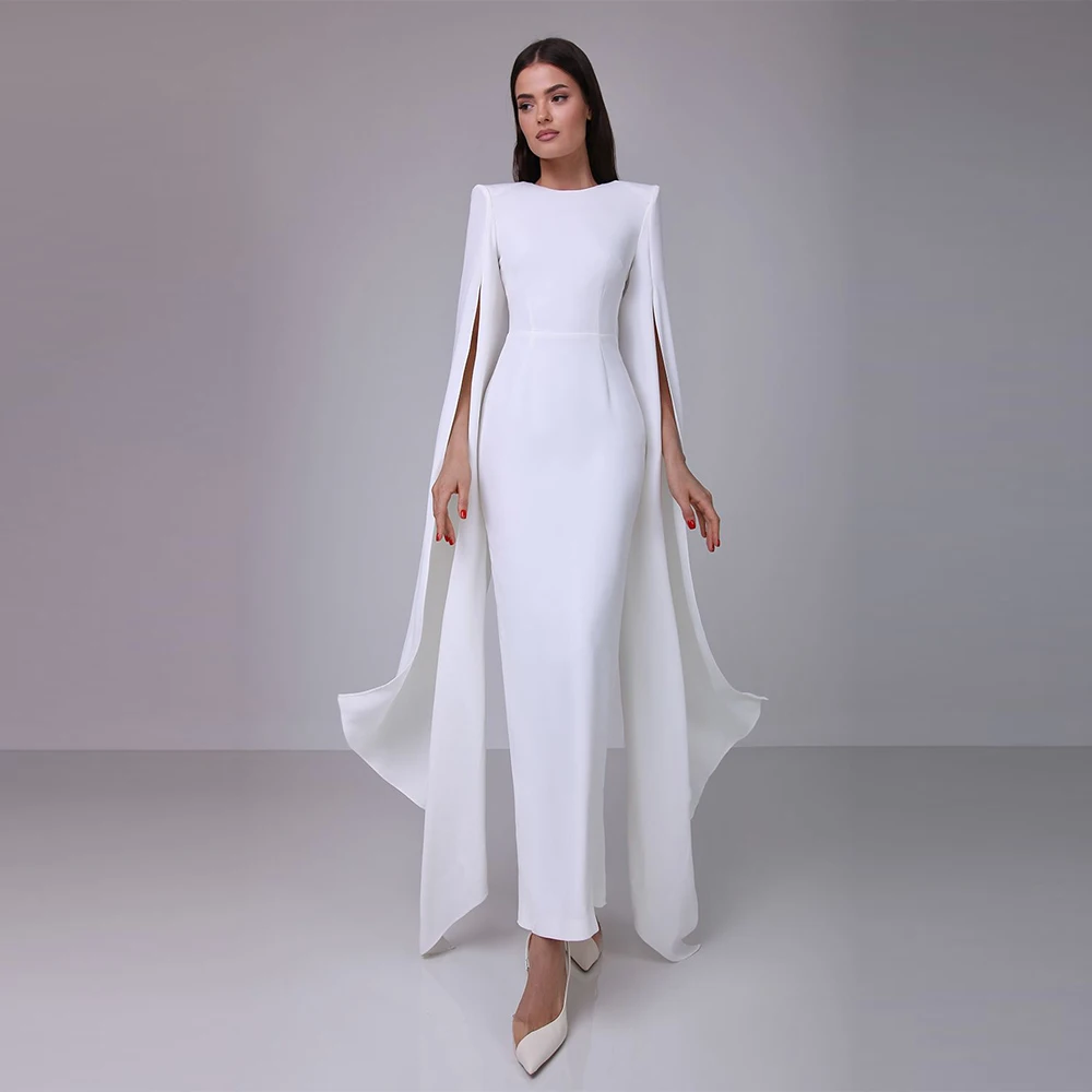 

Simple Straight White Tea Length O-neck Jersey Long Sleeves Evening Dress Modern Pleats Saudi Arabia Bespoke Occasion Gowns