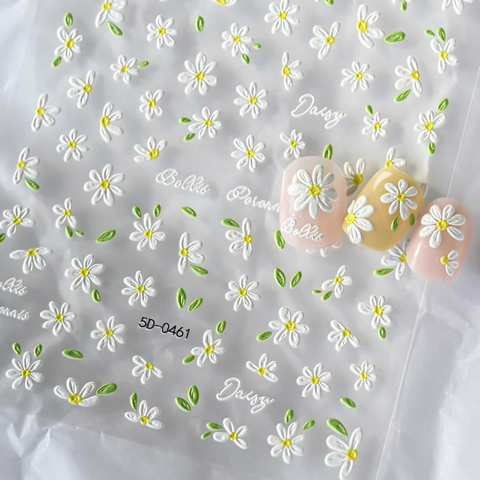 2 piezas calcomanías de arte de uñas diseño de margarita blanca 5D relieve florecita hoja verde decoraciones DIY primavera verano 3