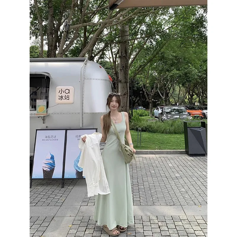 Fseonihk 2024 New Halter Neck Dress Korean Retro Style Fashion Elegant Long Gown Summer Vacation Party Street Style Long Dress