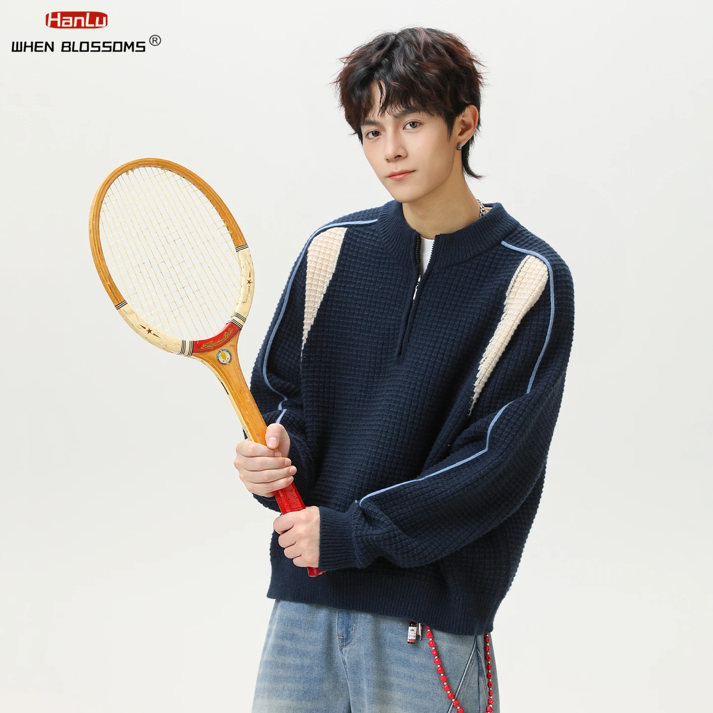 Hanlu 2025 Unisex Color Block Pullover Half Zip Mid-Collar Sweater Couple Grid Texture Warm Knitwear Winter Coat