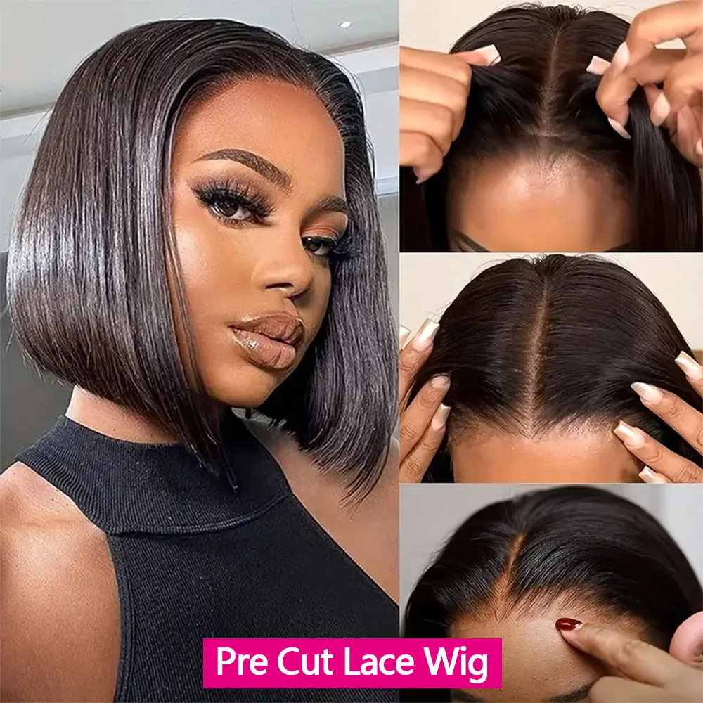 Leimlose Bob-Perücke, Lace-Front-Echthaar-Perücken für Frauen, 4 x 4 gerade, vorgezupfte Echthaar-Perücken, bereit zum Mitnehmen, kein Kleber, kein Gel-freier Teil – Detail 2