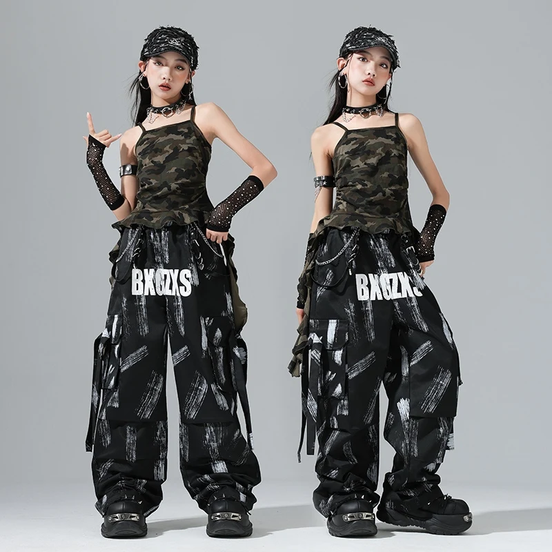 夏のヒップホップの服女の子迷彩トップパンツジャズダンス衣装ストリートウェア子供社交ダンス服 SL13482