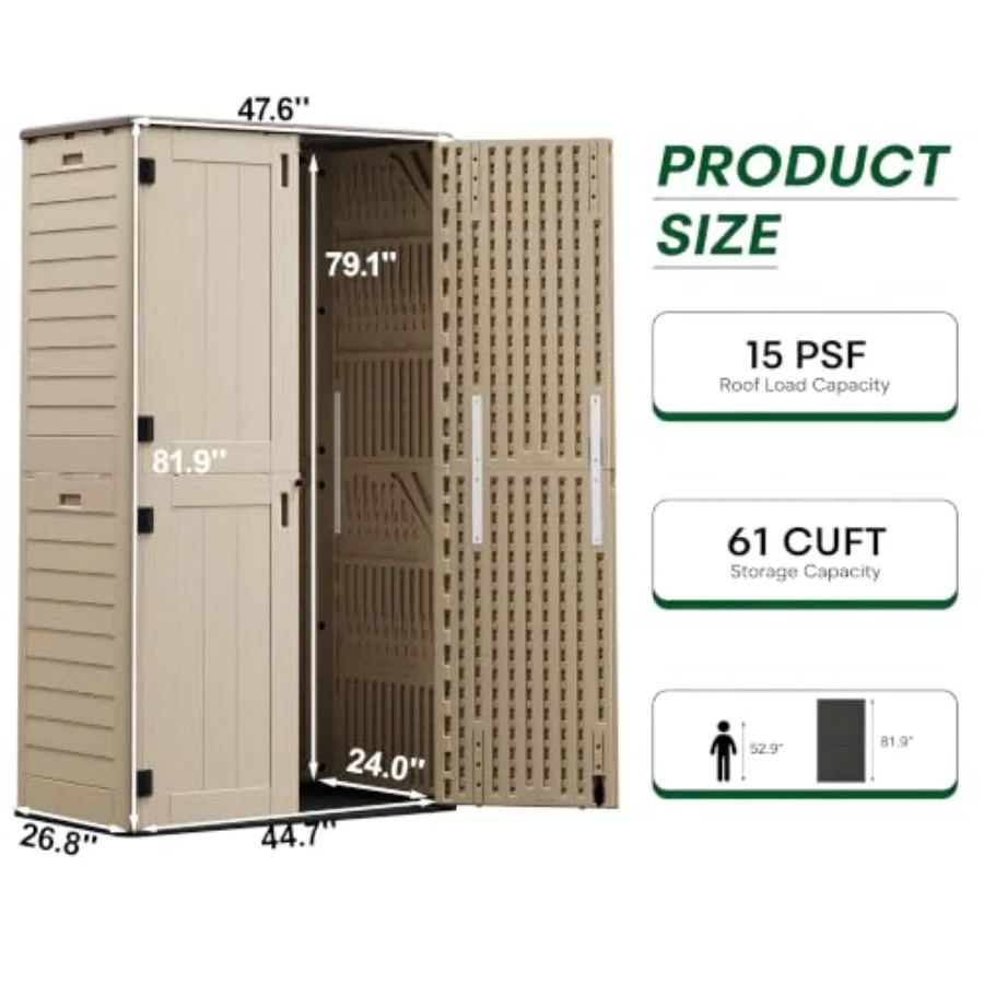 Tall Vertical Outdoor Storage, 61 Cu Feet Waterproof Resin Storage Cabinet with Floor, All-Weather Garden for Garage, Patio, Ba