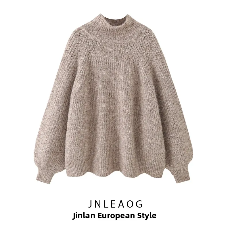 

Autumn New Arrival Women's Knitted Sweater Camel Hair High Collar Long Sve Wide Sve Polyester Fiber Loose Fit Sle