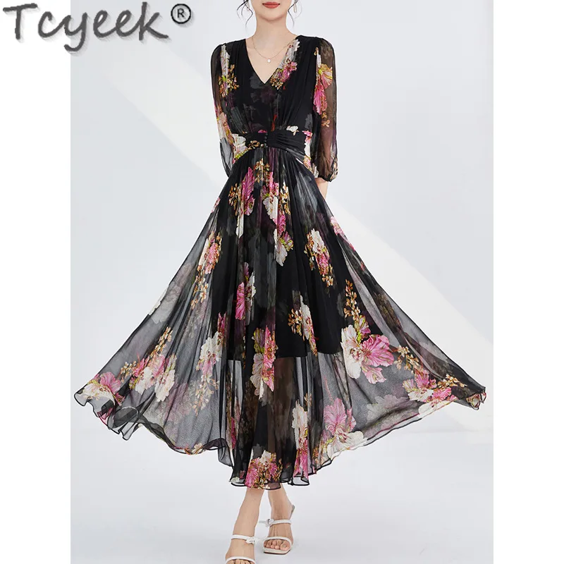 

Tcyeek High-end 100% Mulberry Silk Dresses for Women Fashion Summer Dresses 2024 Print Elegant Women's Dress Vestidos Para Mujer