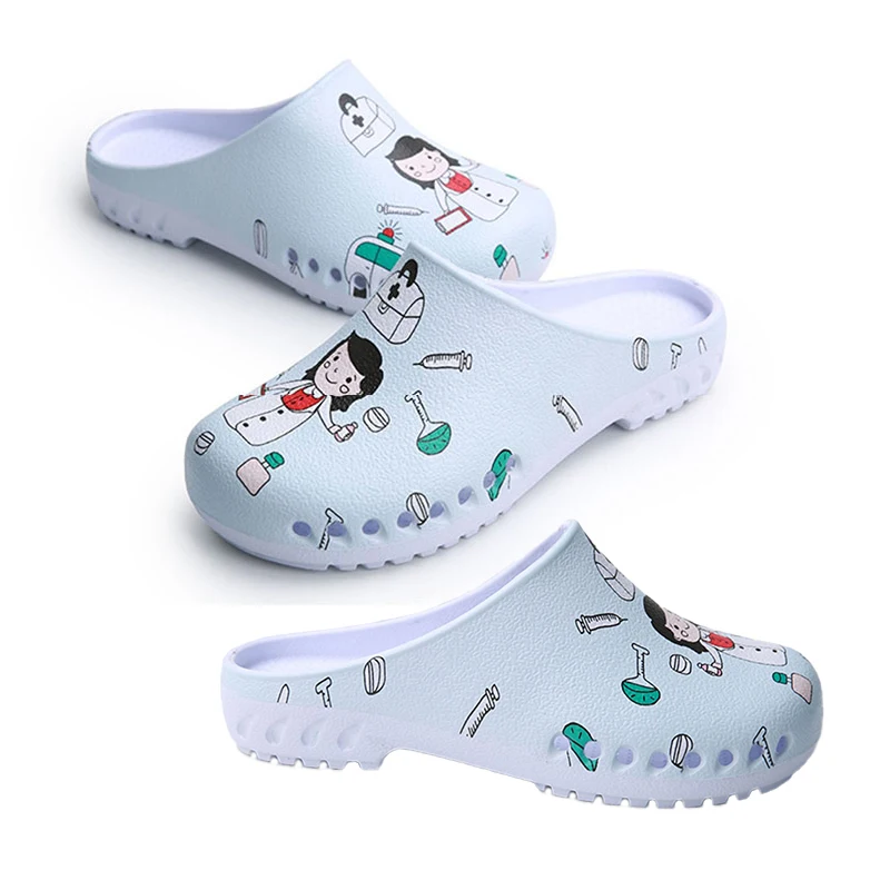 Medical Shoes for Women EVA Laboratory Doctor Nursing Clogs Surgical Slippers Hospital Cartoon Nurse Print Flats Shoes
