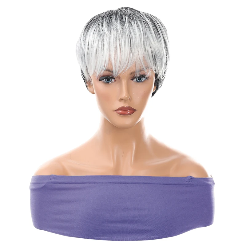 Short Pixie Cut Hair Short Mixed Gray Hairstyles Synthetic Wigs with Bangs Heat Resistant Hairpieces Cosplay Wigs for Women