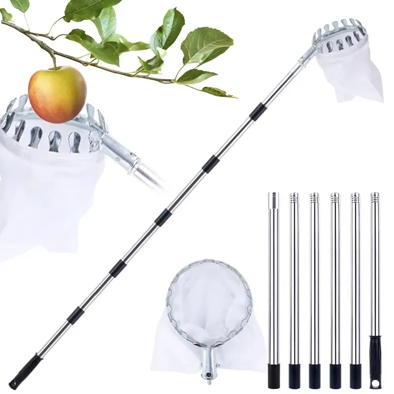 Metal basket fruit picker with telescopic stainless steel rod tool