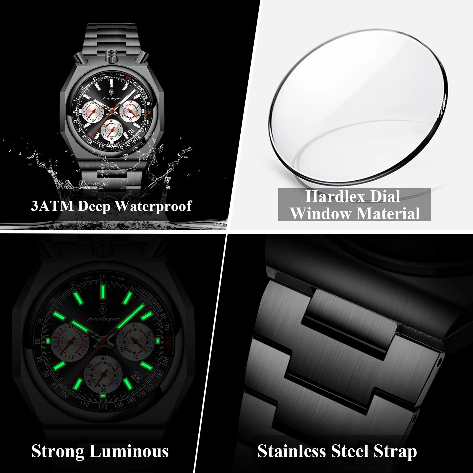POEDAGAR الفاخرة كوارتز رجل ساعة اليد الفولاذ المقاوم للصدأ مقاوم للماء مضيئة ساعة رجالية كرونوغراف تاريخ موضة ساعات رجالية Reloj