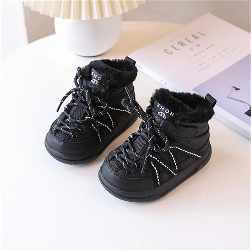 2024 New Winter Children Snow Boots Leather Warm Plush Toddler Boys Shoes Soft Sole Waterproof Fashion Girls Boots EU 21-30