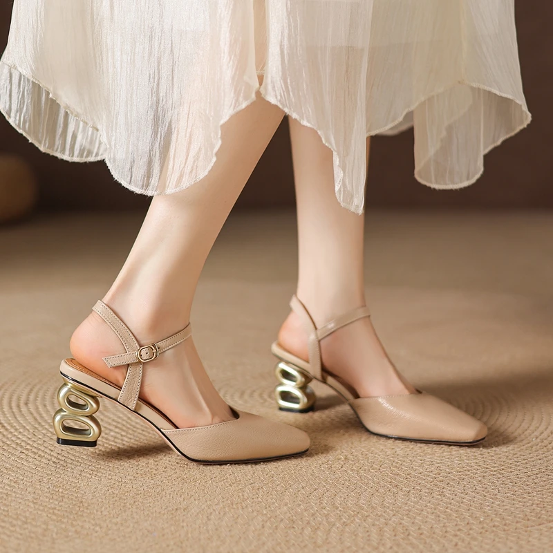 

Women's new summer genuine leather sheepskin round toe high heels with elastic toe band, M ü ller shoes, fashion sandals