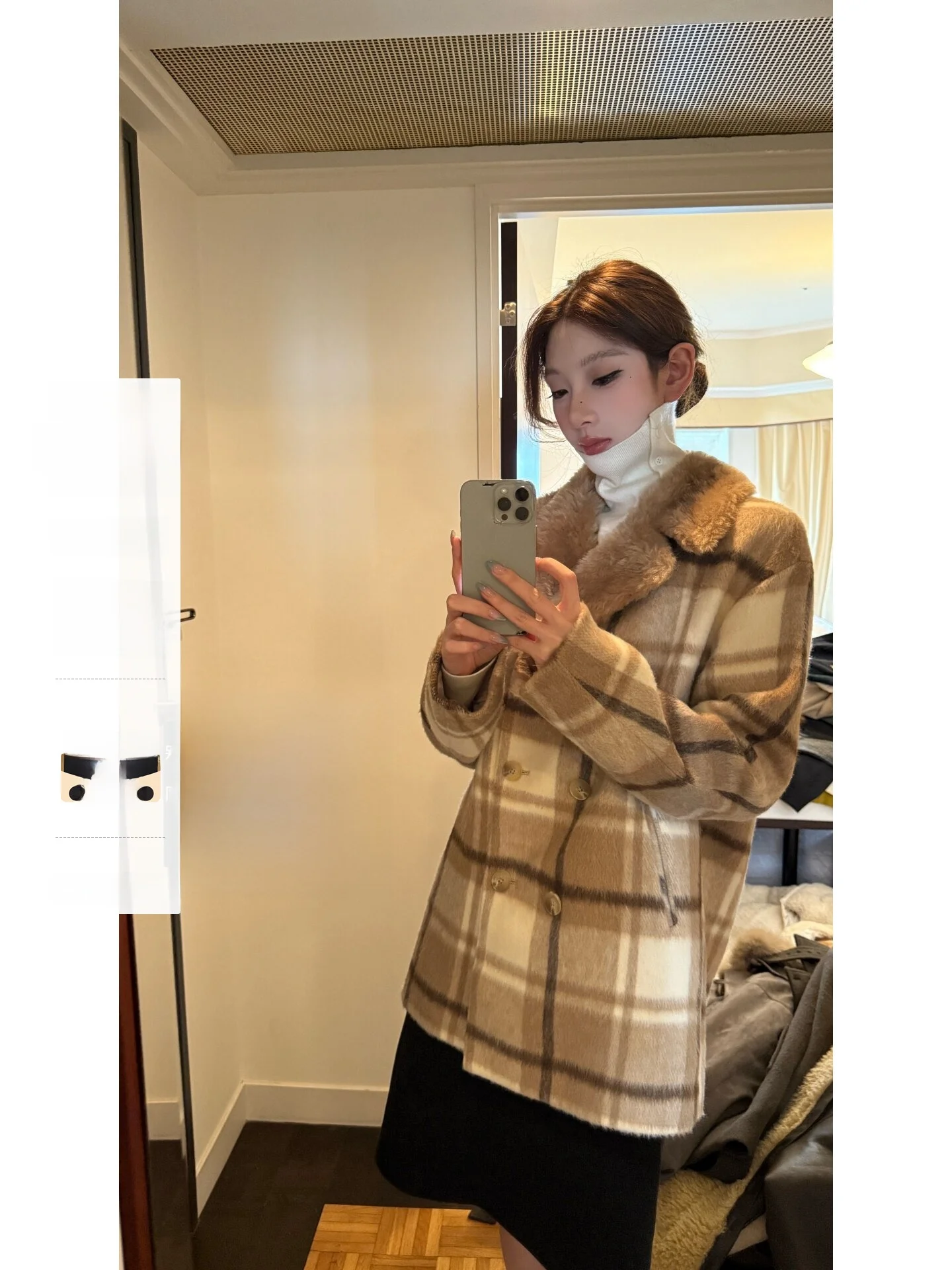 

Yangzifan Women's Wool Blend Plaid Coat Autumn Winter Short Collar Medium Length Woolen Coat Casual Loose Fit Warmth