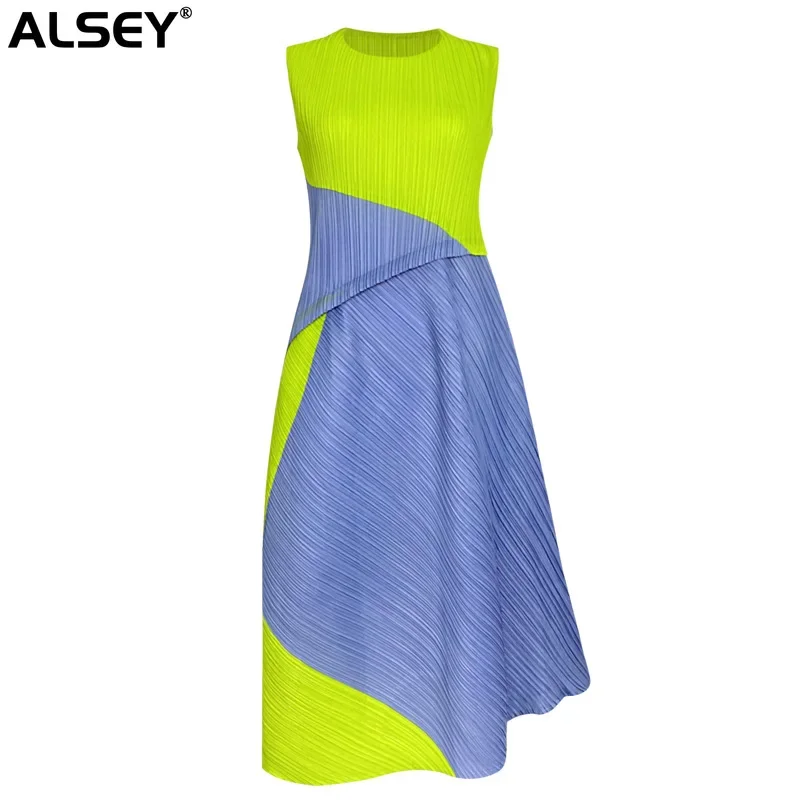 ALSEY Miyake Pleated Round Neck Sleeveless Dress Summer New Color Collision High Waist Splicing Loose Irregular Long Dress Women