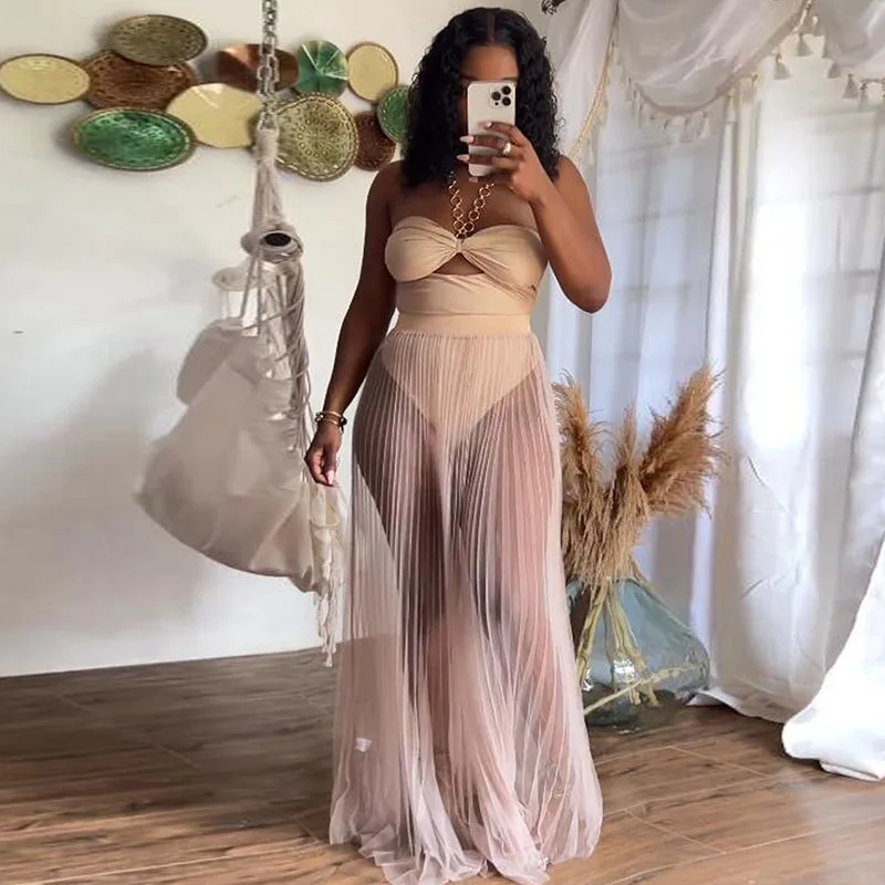 Sexy Party Nightclub Festival Outfit Women Skirt 2 Piece Set Strapless Bodysuit Top and Mesh See Through Pleated Long Dress Sets