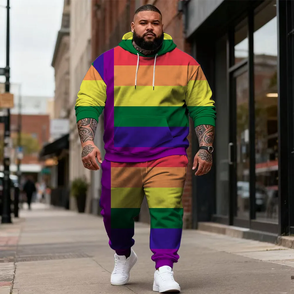 

S-9xl plus size Texture & Plaid-Themed Men's Hoodie Set - 2-Piece Casual Wear for Big & Tall Guys,