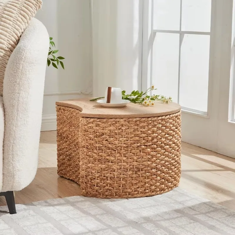 D14Wicker Rattan Ottoman Coffee Table Set - Storage, Boho Coastal Style, Cover And Solid Wood Frame