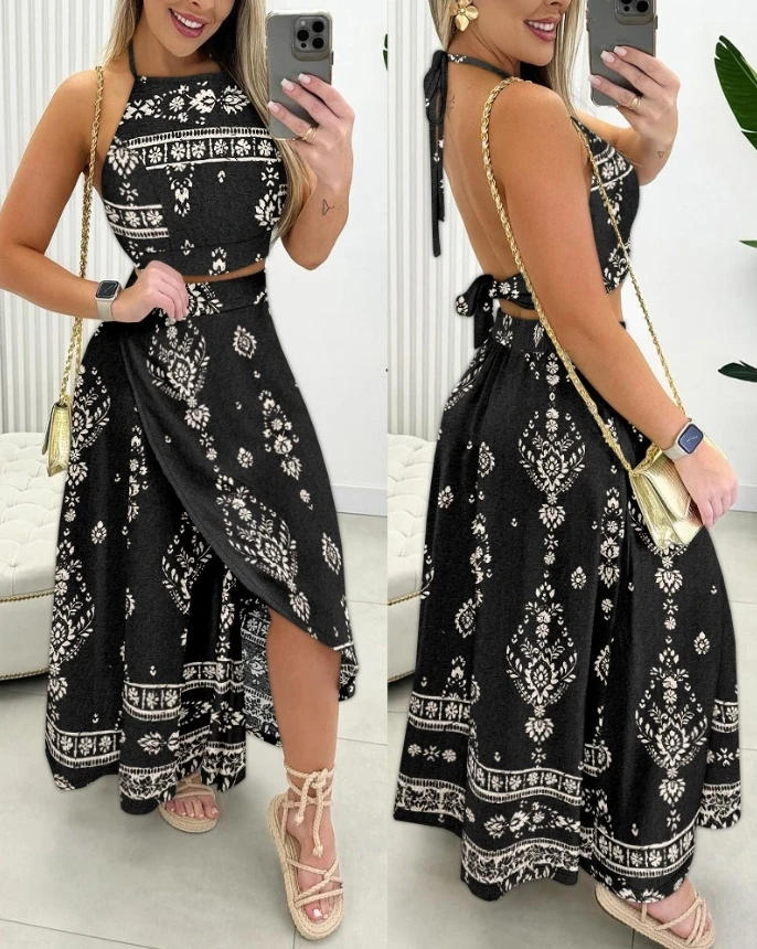 

Women's 2-piece tropical printed backless camisole dress, fashionable, casual, sexy women's summer new collection