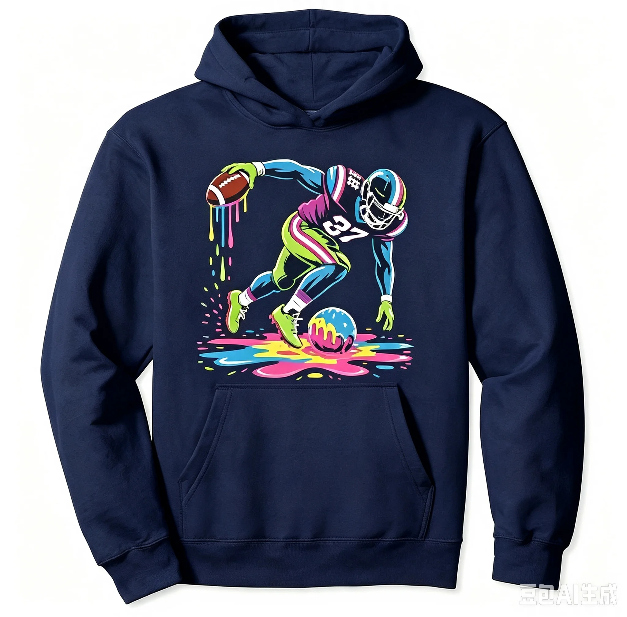 Colorful Dripping Paint American Football Player Graphic Hoodie, Vibrant Pop Art Football Player Unisex Pullover Hoodie For Spor
