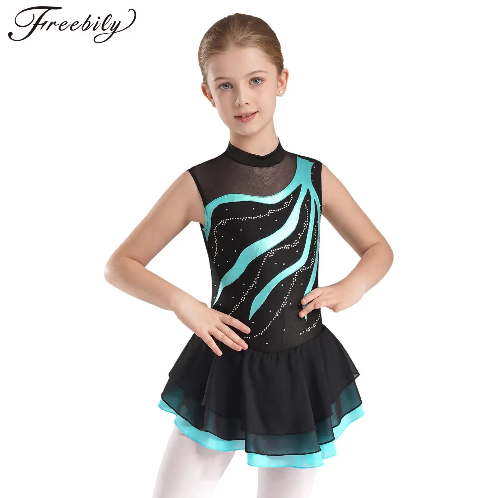 

Kids Girls Figure Skating Ballet Dress Tutu Lyrical Dance Costume Gymnastics Leotard Sleeveless Rhinestone Performance Dancewear