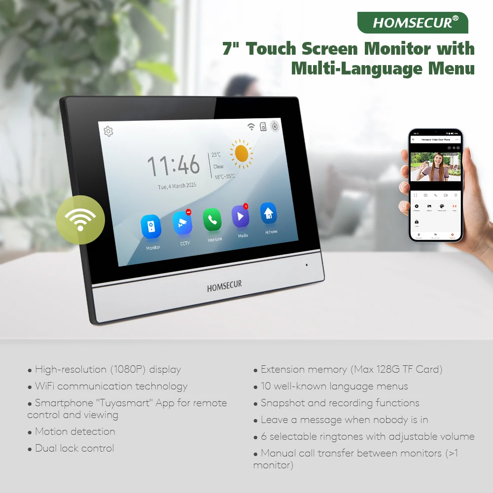 HOMSECUR 4 سلك تويا التطبيق الذكي HD فيديو باب المنزل طقم الهاتف مع 7 "شاشة تعمل باللمس مراقب IP65 كاميرا جرس الباب سجل لقطة