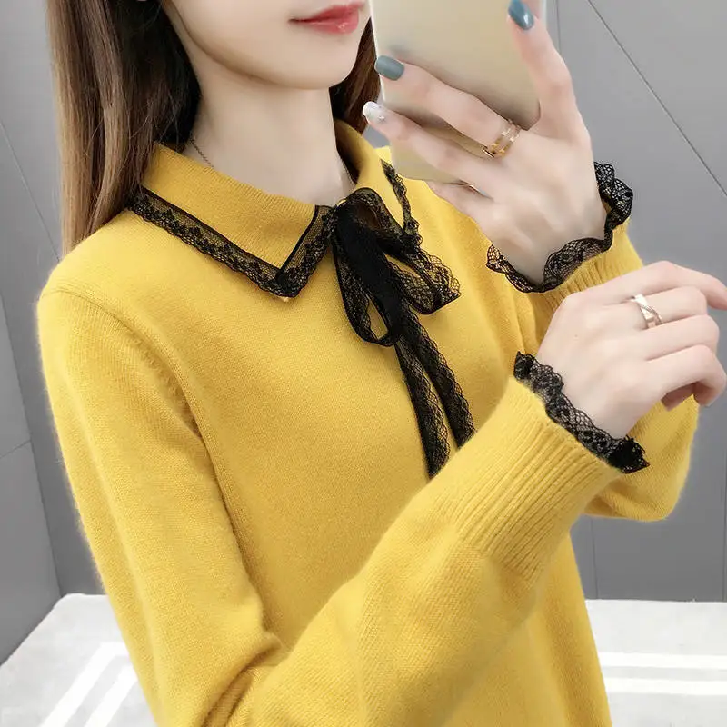 

Sweet Solid Color Peter Pan Collar Spliced Lace Bow Blouse Female Clothing 2022 Autumn Loose Casual Tops All-match Chic Shirt