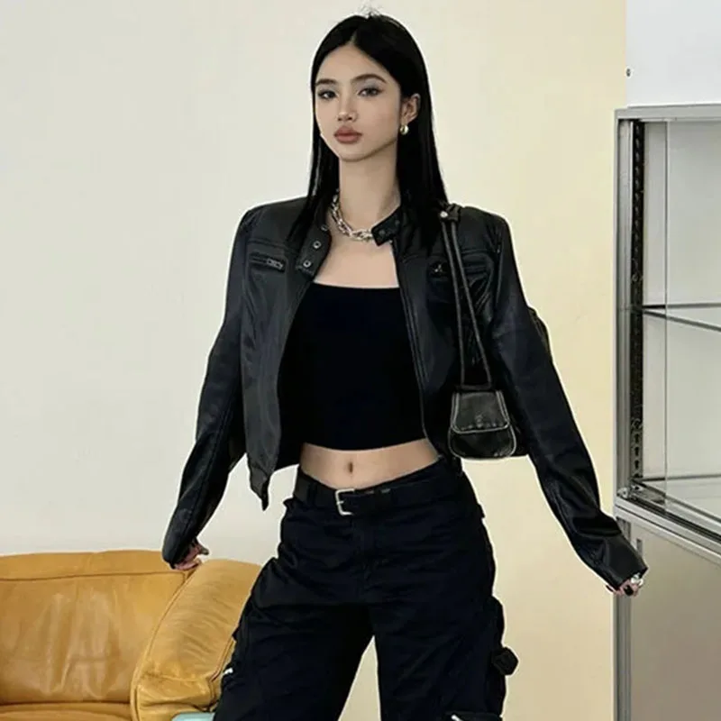 Spring Autumn Women Faux Leather Coat Fashion Lady Short Leather Female Zipper Leather Tops ﻿