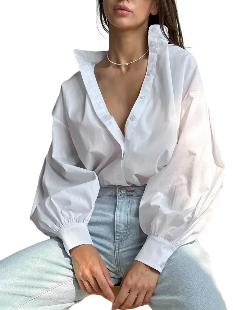 Women\'s Long Lantern Sleeve Shirt Elegant Luxury Button Up Novelty Blouses Office Lady White Autumn y2k Trend Solid Top