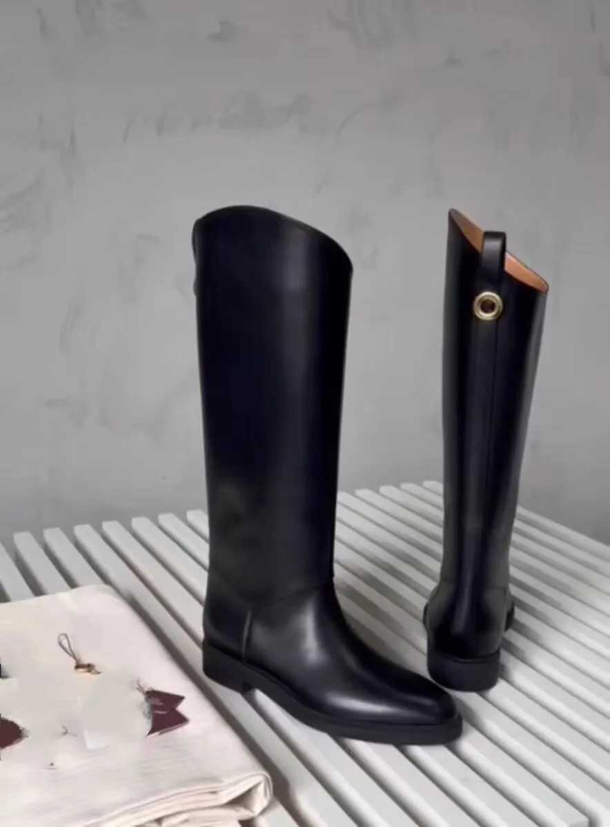 Winter New in Flats Leather Knee High Boots Hot Sale Black/Wine Red Women's Round Toe Knight Boots Luxury Designer Causal Shoes