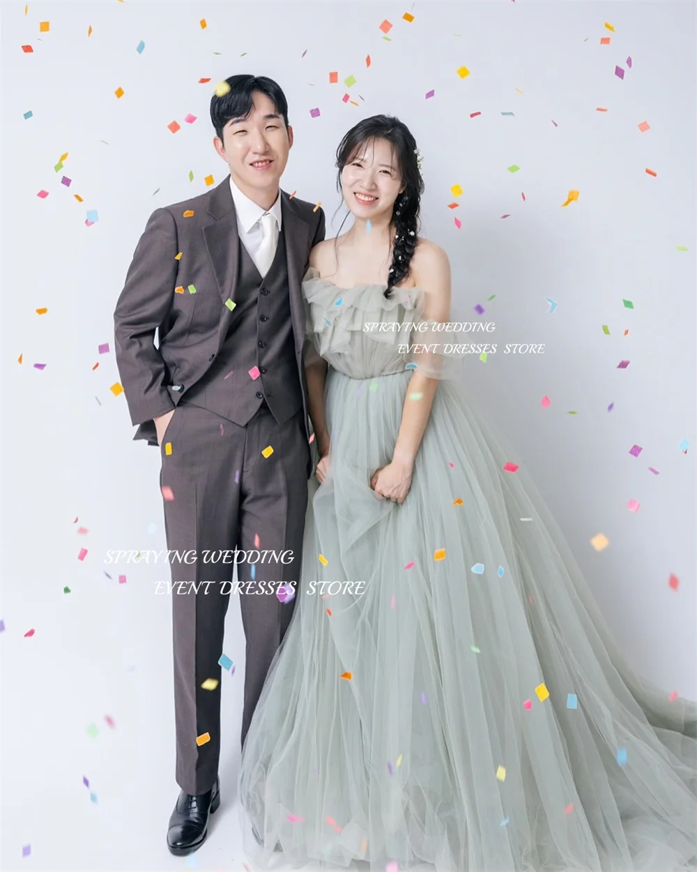 SPRAYING Fairy Trägerloses Tüll Grün Korea Hochzeit Fotoshooting Kleider A-Linie Bodenlanges Falten Maßgeschneidertes Korsett Abendkleid