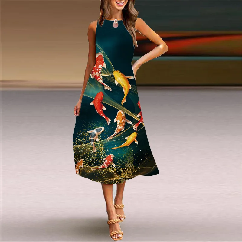 2022 New Summer Women's Clothes Sleeveless Dress round Neck Vintage Print Dress Europe and America Border Foreign Trade Wo