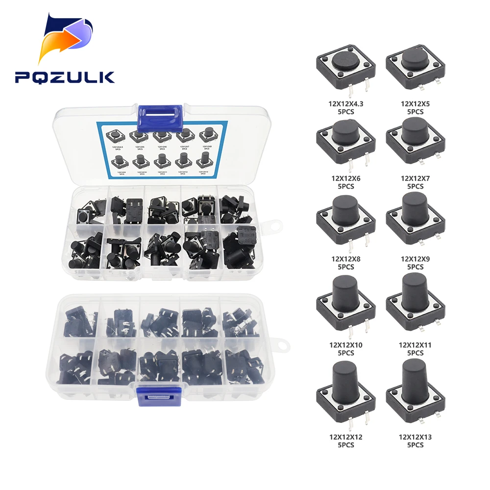 50PCS 10 Models 12*12 SMD Tact Switch Tactile Push Button Switch Kit Height: 4.3 5~13MM DIP 4P Micro Switch 12x12 Key Switch