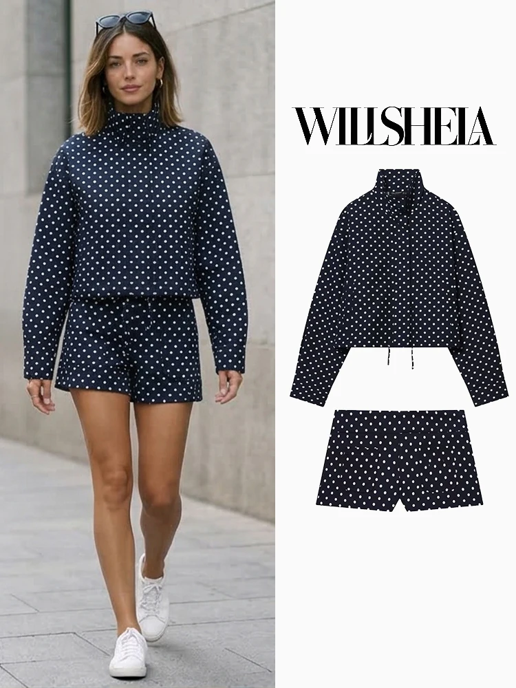 

Willshela Women Fashion 2 Piece Set Black Dot Front Zipper Jackets & Vintage Side Zipper Shorts Female Chic Lady Shorts Sets