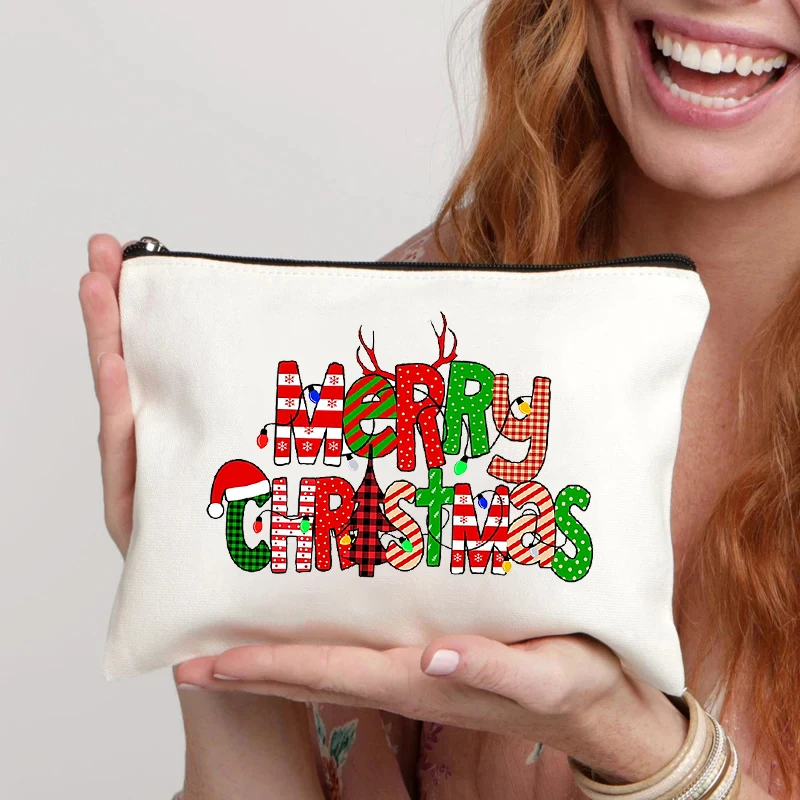 

Merry Christmas Faith Canvas Cosmetic Bag Organizer Travel Storage Lipstick Bags Makeup Pouch Zipper Pencil Case Xmas Party Gift