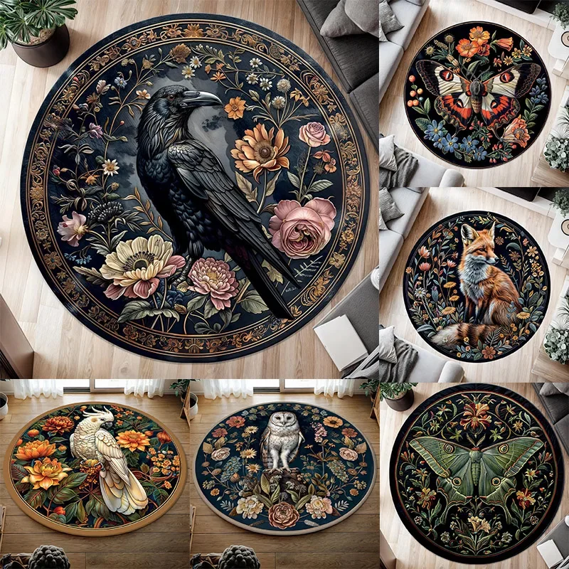 

Floral Round Rug with Cockatoo Design – Washable Boho Vintage Carpet | Living Room, Bedroom & Home Decor Floor Mat