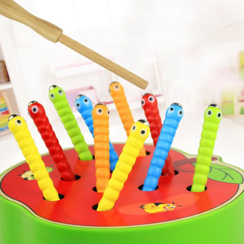 Juguete de captura de madera con forma de fruta para niños, juego de gusanos de colores, palo magnético, juguete interactivo para niños, regalo para niños y niñas