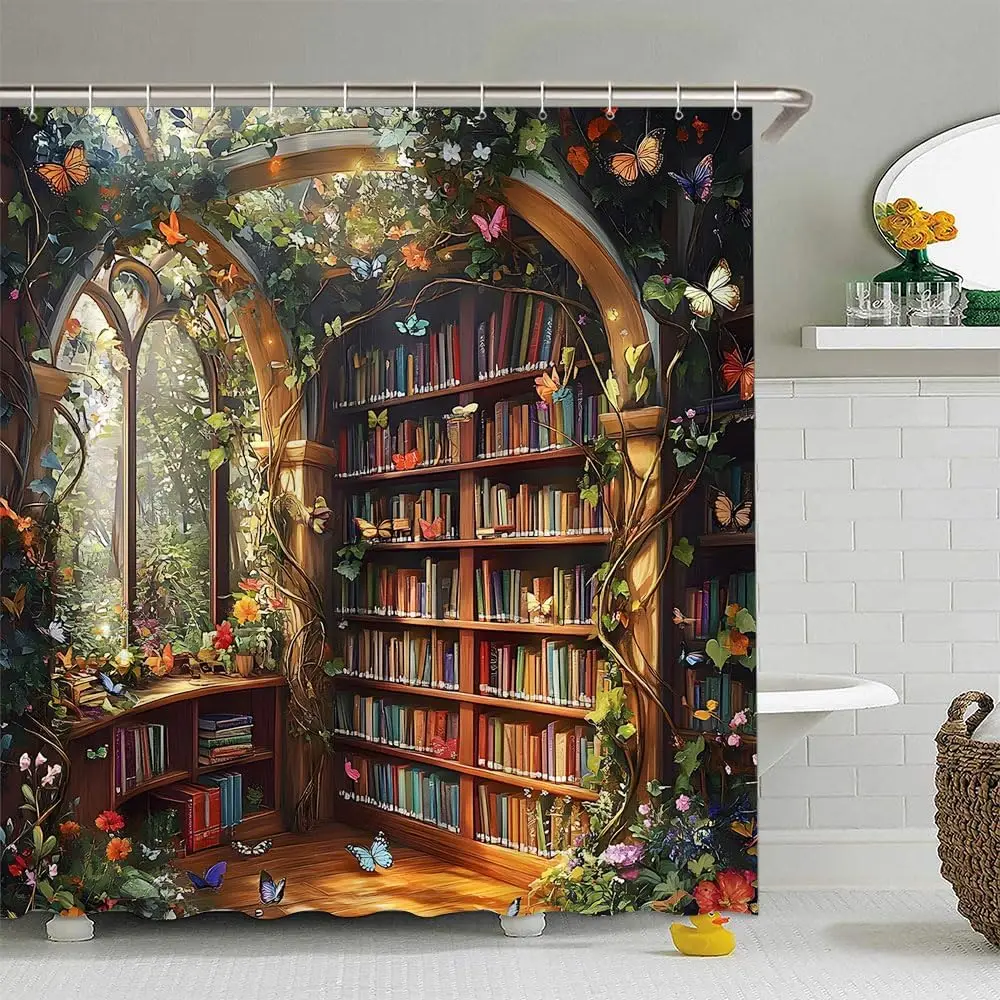 Library Bookshelf Shower Curtain Fantasy Butterfly Jungle Forest Vine Green Plant Flower Vintage Educational Bookcase Books