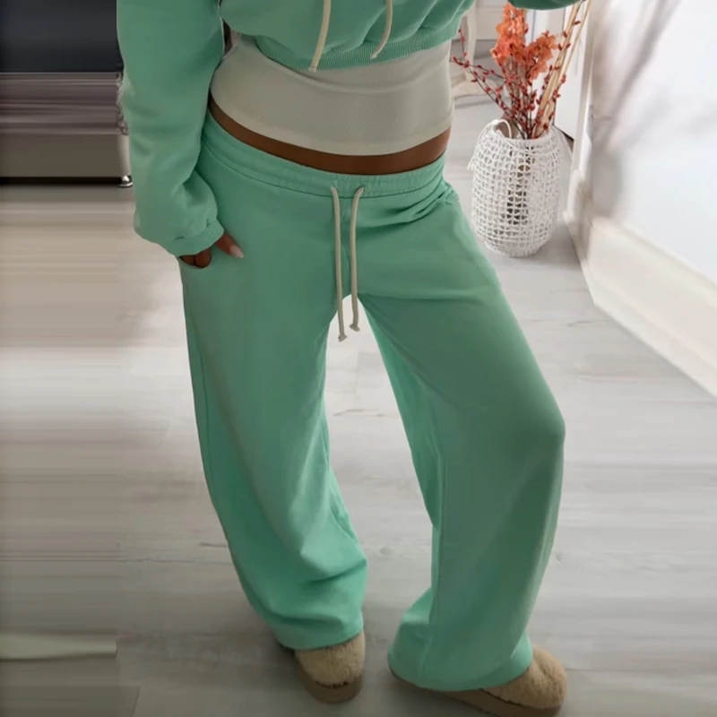 Damen Crop-Hoodie-Sweatset-Outfit, Langarm-Kapuzenpullover mit Kordelzug, Weitbeinige Jogginghose, Trainingsanzug, Lässige Streetwear – Detail 13