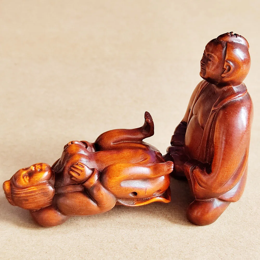 Imagem -04 - Mão Esculpida Boxwood Netsuke Escultura Estatueta Estatueta Japonesa Casal Ero Oriental Q4702