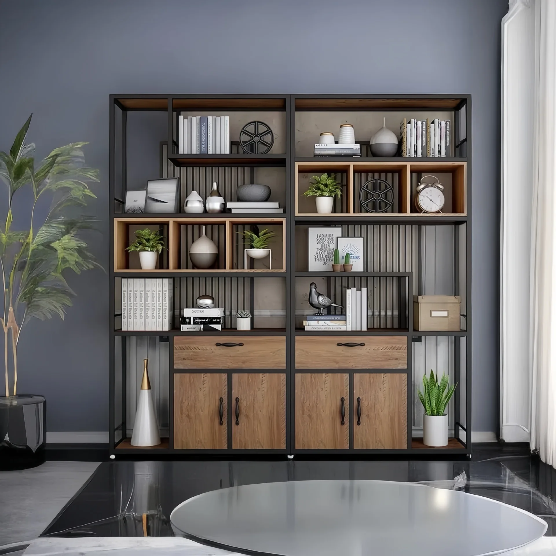 Office wrought iron partition floor-to-ceiling living room solid wood creative industrial display cabinet