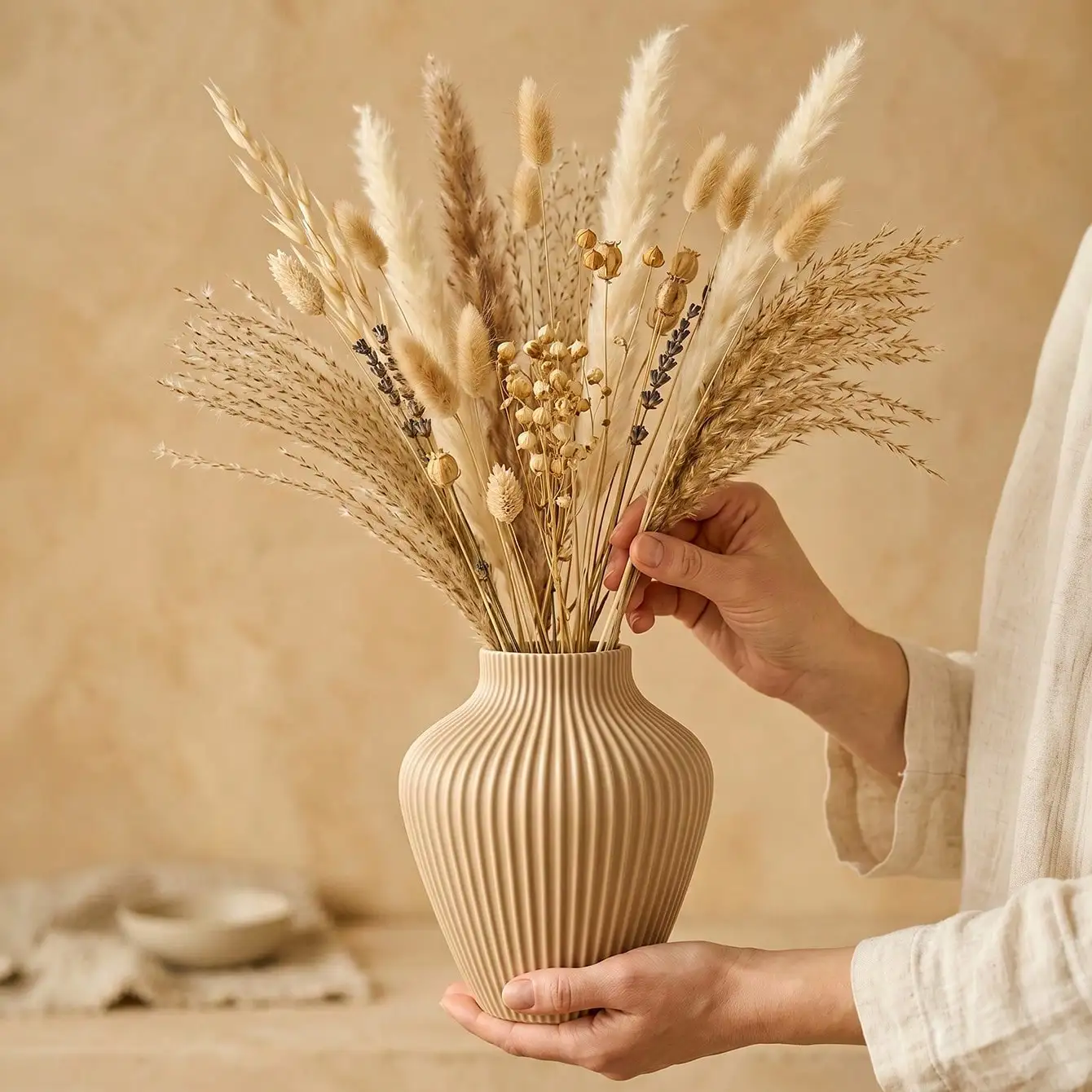 1pc Modern Boho Vertical Ribbed Bulbous Flower Vase for Pampas Grass Dried Flowers Home Living Bedroom Wedding Party Table Decor