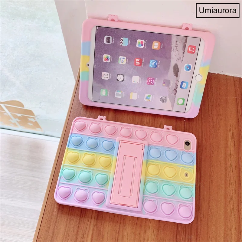 For IPad 10.2 7th 8th 9th 10th Gen 10.9 Pro 11 2022 Air Mini 1 2 3 4 5 6 9.7 Kids Silicon Tablet Case Rainbow Bubble Stand Funda