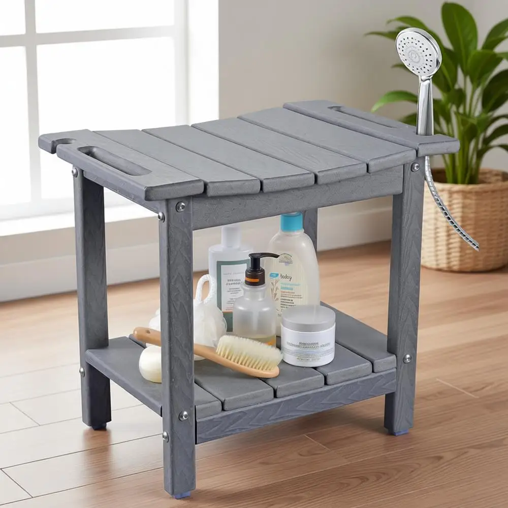 

Скамейка для душа из HDPE, водонепроницаемая, 18,7 дюймов, с подставкой для бутылок, грузоподъемность 350 фунтов, с полкой для хранения, для использования в помещении/на улице