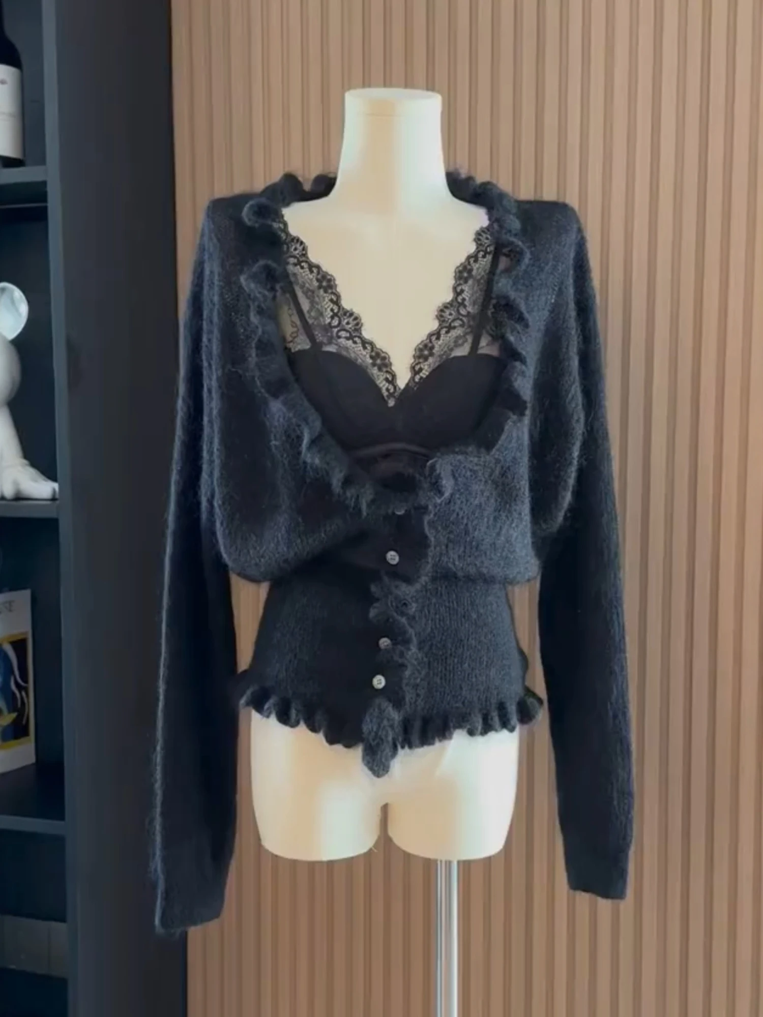 

Spring Vintage V-neck Knitted Open Cardigan Lace Patchwork Black Vest Women's Two-piece Set Warm Long Sleeve Casual Fashion