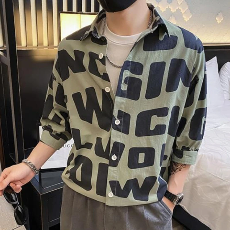 Shirts for Men with Print Green Printed Oversize Man Shirt Regular Fashion 2024 Cheap Things Comfortable Sale Tops Casual Asia