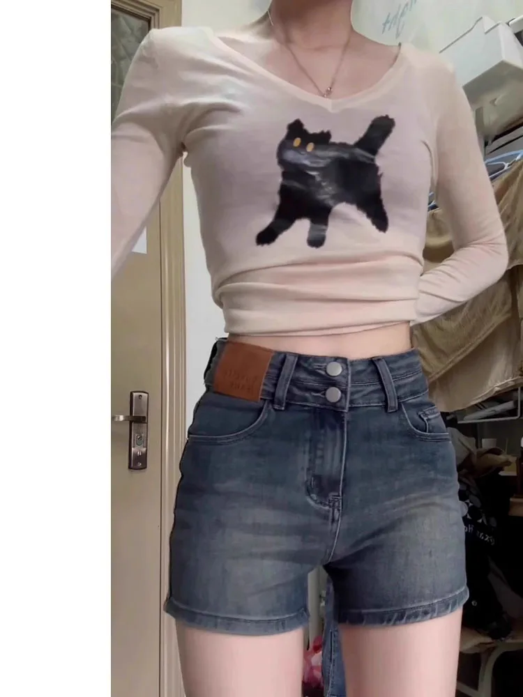 Hochgeschnittene, schlankmachende A-Linien-Jeans-Shorts für Damen, Wintermode, amerikanischer Stil, Hot Pants, figurbetont, hohe Taille