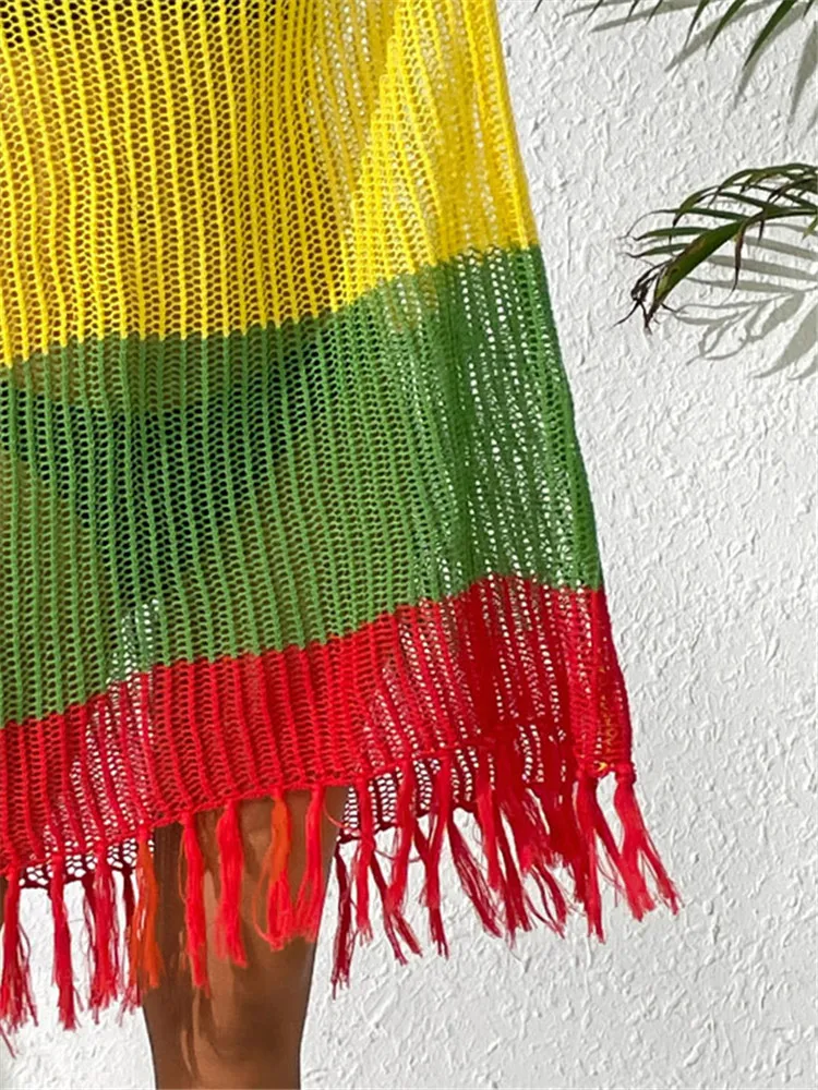 2023 nieuwe luxe strand cover-up jurk dames zomer gebreide strandkleding met kwastje oranje gestreepte tuniek vrouwelijke bikini cover-up